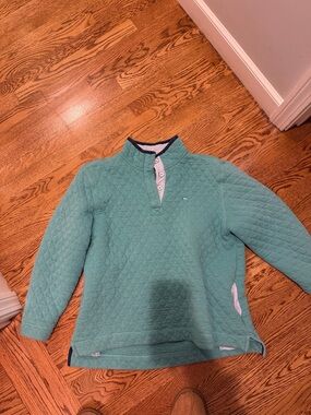 Southern Tide Quilted Pullover Sweater in Aqua Green with Navy Trim